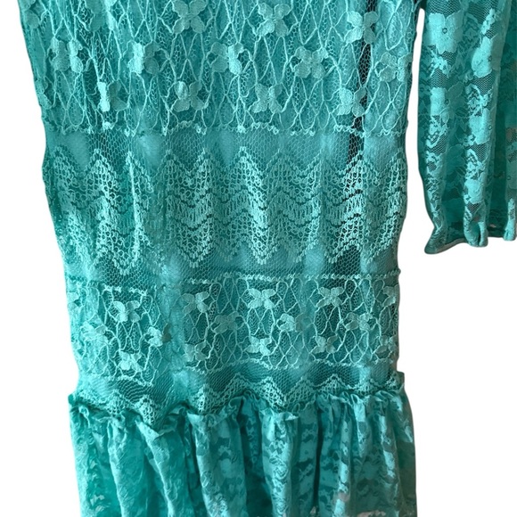 Turquoise Lace Mini Dress with Long Sleeves & Tiered Ruffle Hem - Picture 3 of 5
